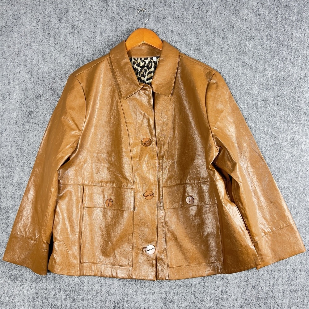 Chicos Brown Genuine Leather Jacket Women's Size 4 XXL Button Front Coat